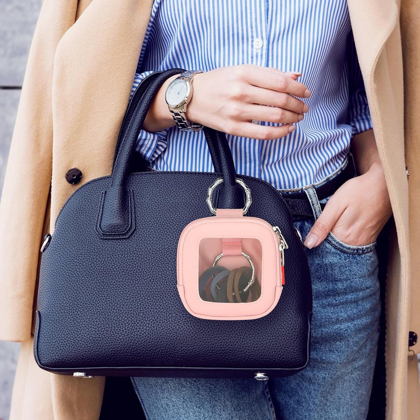 Hair Tie Organizer Bag with Clear Window, PU Leather Portable Hair Tie Holder with O Ring, Hanging Storage Container for Hair Accessories Cotton Swab Bobby Pin Small Items