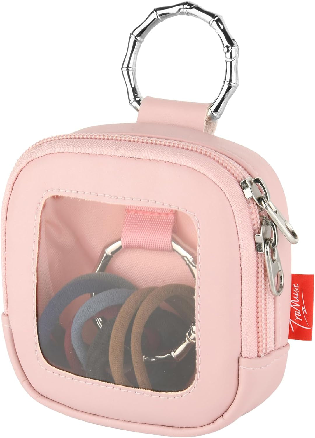 Hair Tie Organizer Bag with Clear Window, PU Leather Portable Hair Tie Holder with O Ring, Hanging Storage Container for Hair Accessories Cotton Swab Bobby Pin Small Items