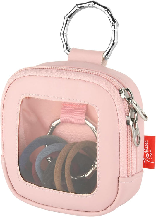 Hair Tie Organizer Bag with Clear Window, PU Leather Portable Hair Tie Holder with O Ring, Hanging Storage Container for Hair Accessories Cotton Swab Bobby Pin Small Items