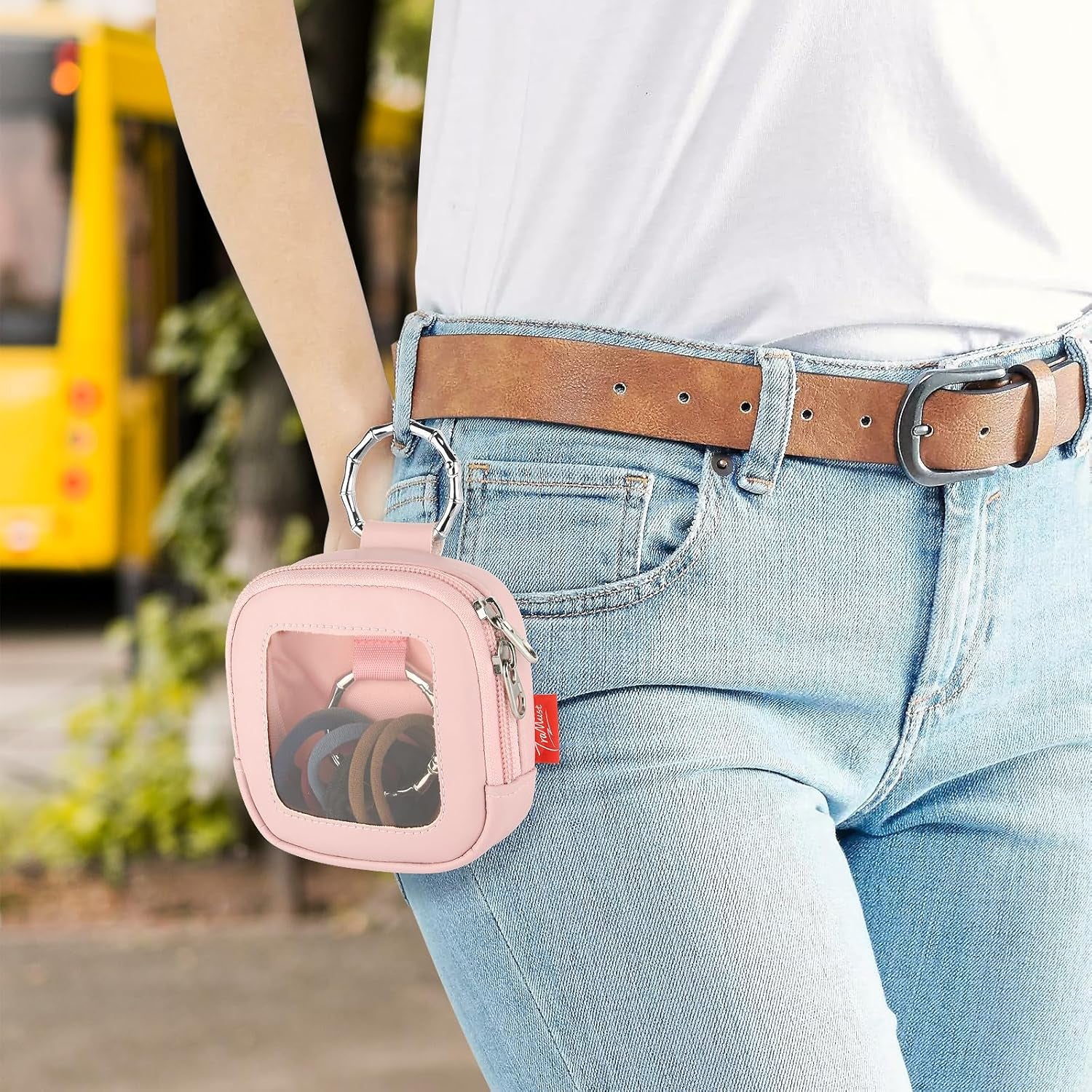 Hair Tie Organizer Bag with Clear Window, PU Leather Portable Hair Tie Holder with O Ring, Hanging Storage Container for Hair Accessories Cotton Swab Bobby Pin Small Items