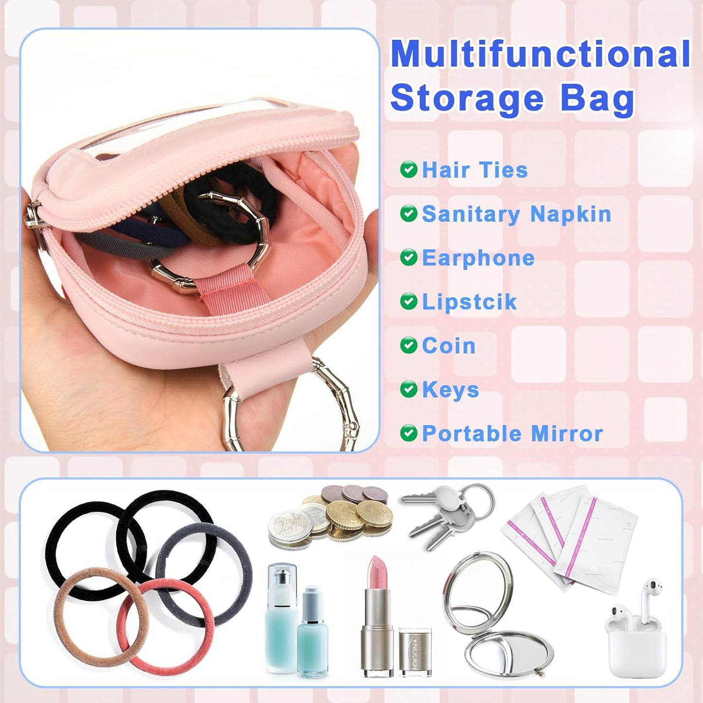 Hair Tie Organizer Bag with Clear Window, PU Leather Portable Hair Tie Holder with O Ring, Hanging Storage Container for Hair Accessories Cotton Swab Bobby Pin Small Items