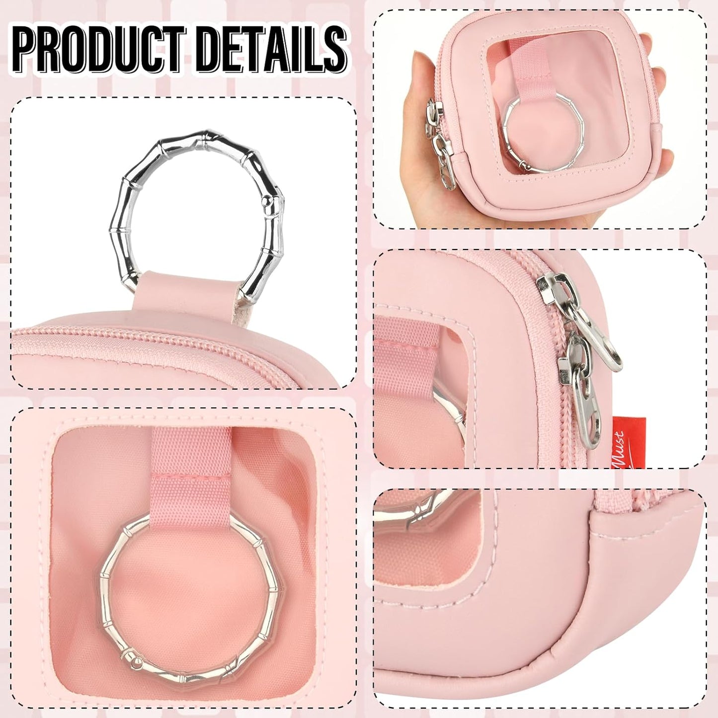 Hair Tie Organizer Bag with Clear Window, PU Leather Portable Hair Tie Holder with O Ring, Hanging Storage Container for Hair Accessories Cotton Swab Bobby Pin Small Items