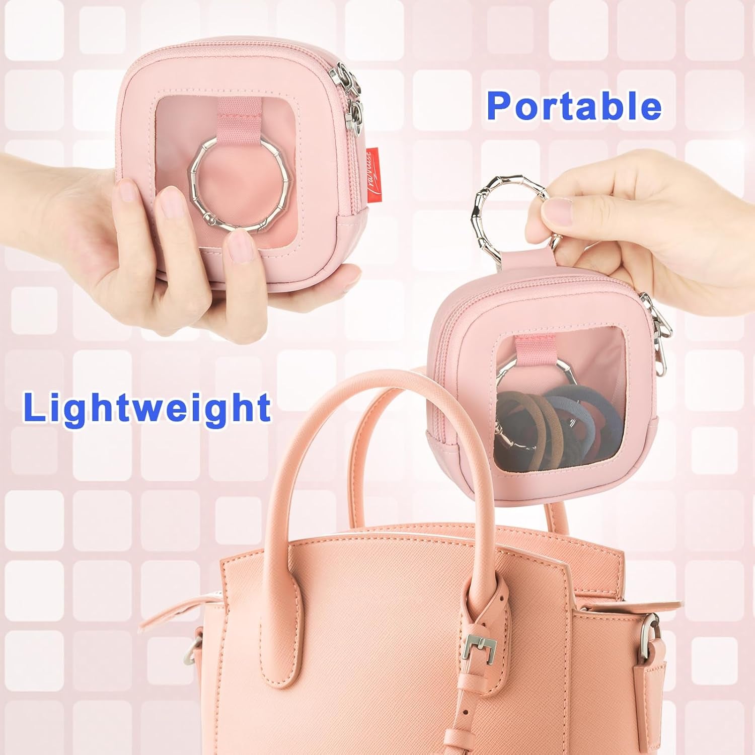Hair Tie Organizer Bag with Clear Window, PU Leather Portable Hair Tie Holder with O Ring, Hanging Storage Container for Hair Accessories Cotton Swab Bobby Pin Small Items